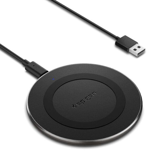 Spigen Essential Wireless Charger for iPhone 14/13/12/11/X.8 Series, Samsung Galaxy S23/S22/S21/S20 OnePlus 9/9 Pro with USB-A to C Type Cable