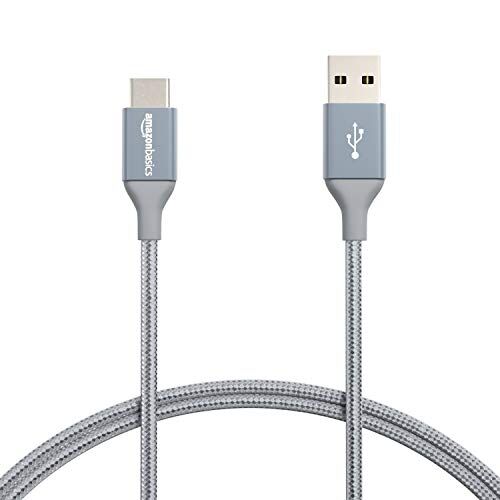 AmazonBasics Double Braided Nylon USB Type-C to Type-A 2.0 Male Cable for Laptop, 3 feet, Dark Grey